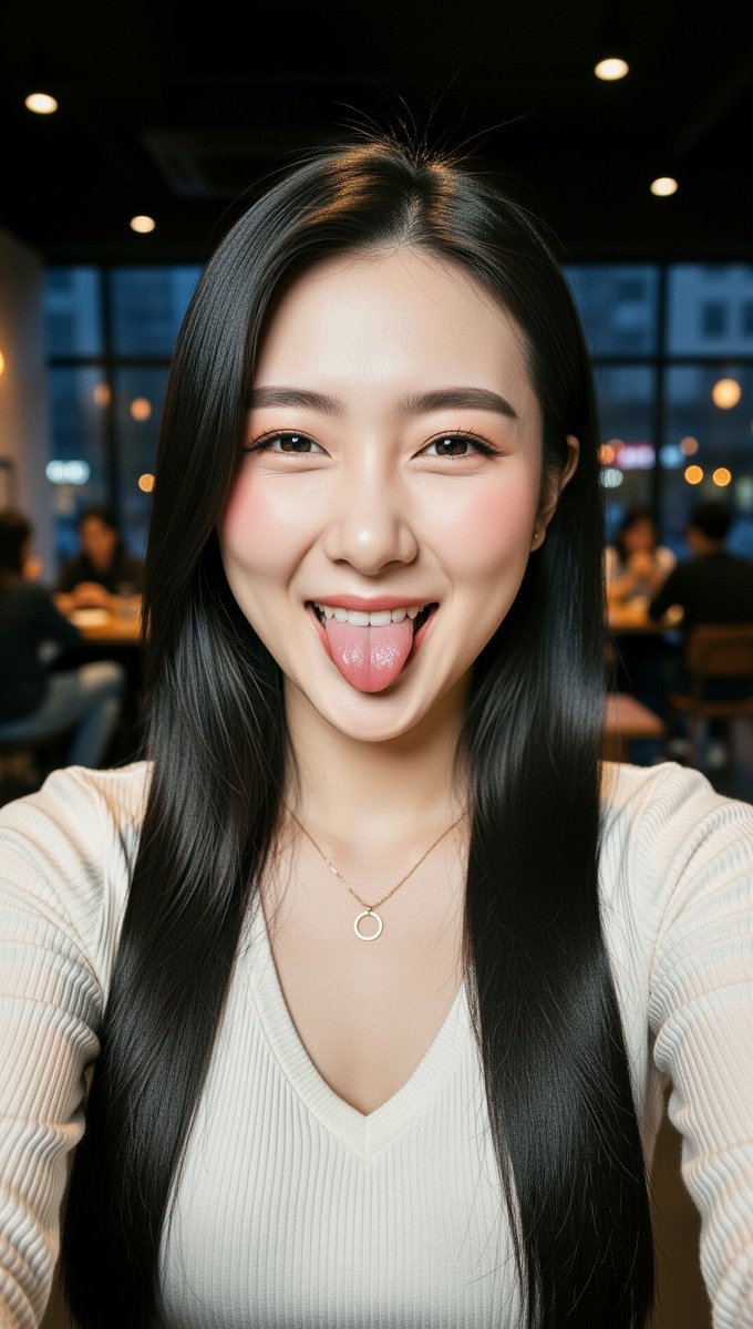 [FLUX.2 Flex 提示词] ar 9:16 2K 一张特写自拍照肖像,主角是一位二十岁出头的年轻东亚女性,拥有白皙、光滑、有光泽感的肌肤和自然柔和的光晕。她有一头长而顺直…