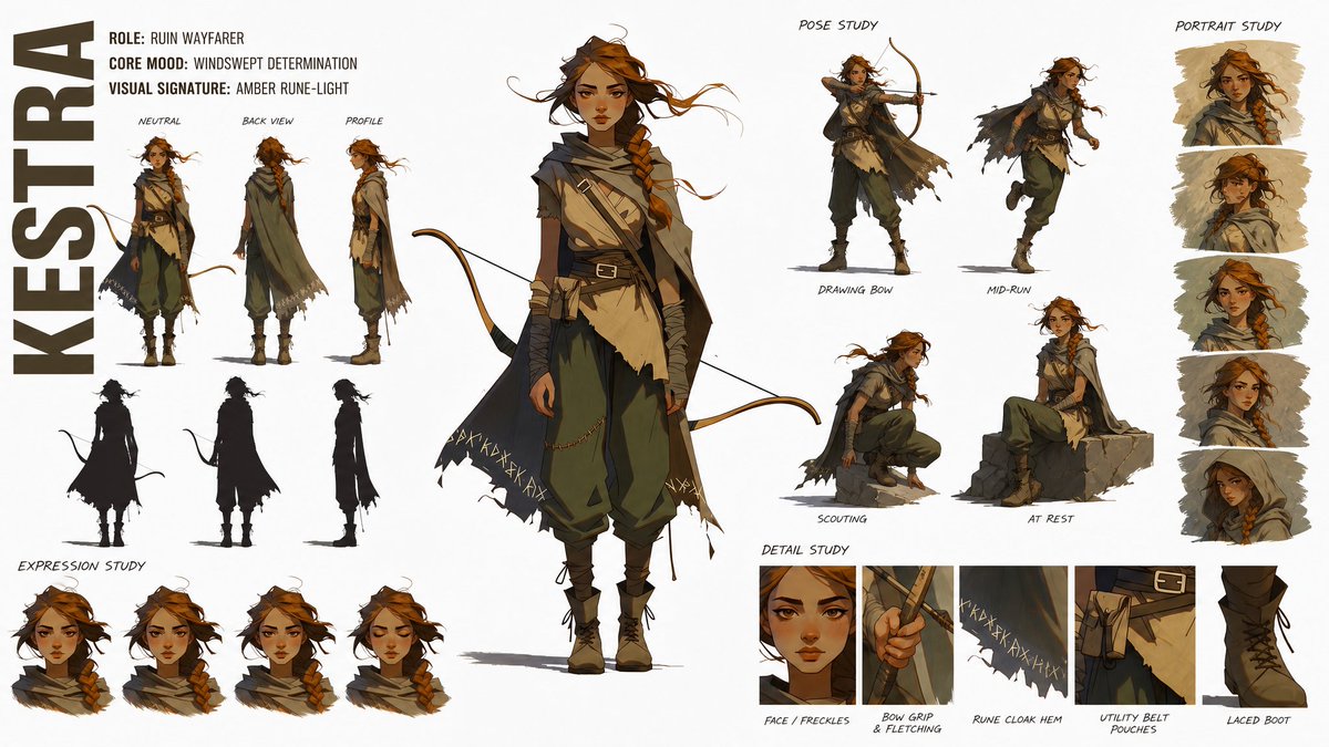 创建一个高端、现代的高级时装角色概念设定图集（CHARACTER CONCEPT ART SHEET），采用 16:9 宽屏布局，背景为纯白色。随附的参考图片…
