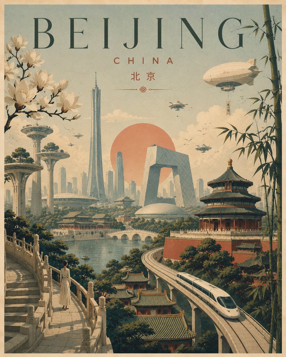 创作一张视觉上令人难忘的编辑艺术海报，呈现一个梦境般的未来世界，让熟悉的日常生活与超现实建筑相遇。宏伟的雕塑感建筑、蜿蜒的道路、巨型植物、渺小的人物、出人意料的漂浮元素、戏剧性透…
