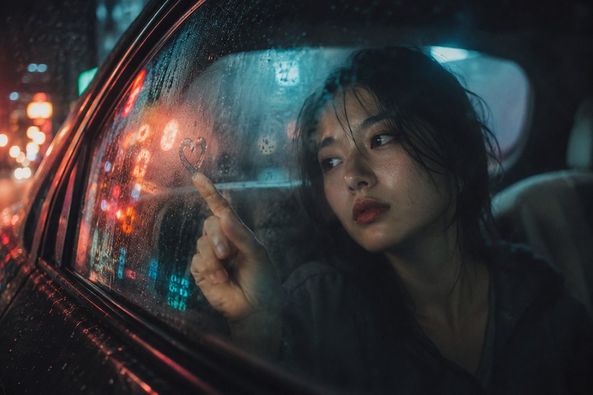 {"title":"电影感雨夜人像","description":"一幅充满情感的电影感人像，在霓虹闪烁的城市雨夜，透过布满雾气与雨水的车窗拍摄。一位美丽的年…