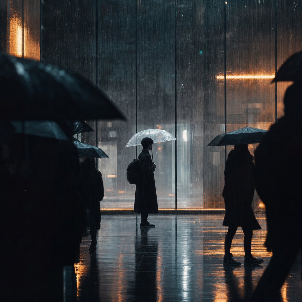 垂直电影感雨天城市街道摄影，框架构图，前景两侧打伞行人的模糊黑色剪影形成框架，中央人物身穿长款黑色风衣并背着背包，手持透明雨伞，侧身站立，暴雨倾盆伴有密集雨丝…