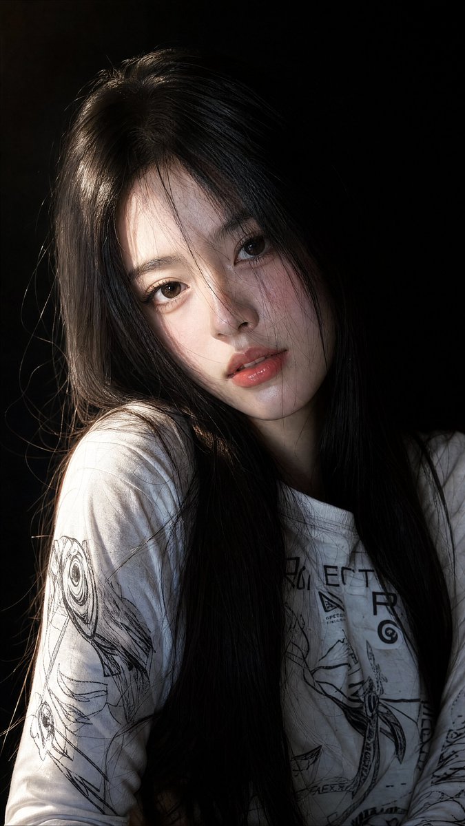 [GPT Image 2 提示词] ar 9:16 4K 高 特写肖像,一位美丽的年轻东亚女性,一头长直柔顺的乌黑亮发披散在肩上,部分遮住脸颊一侧,几缕自然柔和的碎发修饰脸型,瓷…