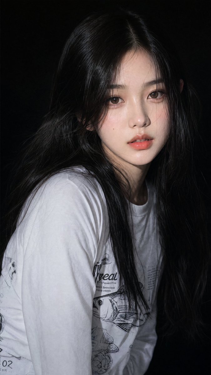 [GPT Image 2 提示词] ar 9:16 4K 高 特写肖像,一位美丽的年轻东亚女性,一头长直柔顺的乌黑亮发披散在肩上,部分遮住脸颊一侧,几缕自然柔和的碎发修饰脸型,瓷…
