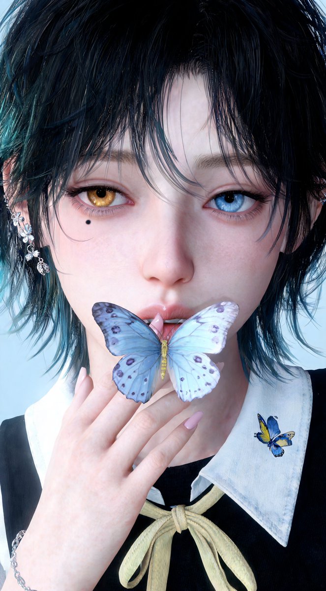 [Seedream 5.0 lite 提示词] ar 9:16 4K 一幅高度细致、超写实的年轻东亚女性近距离肖像，皮肤柔软白皙，容貌精致空灵。她留着略凌乱的黑色短发，带有微妙的…