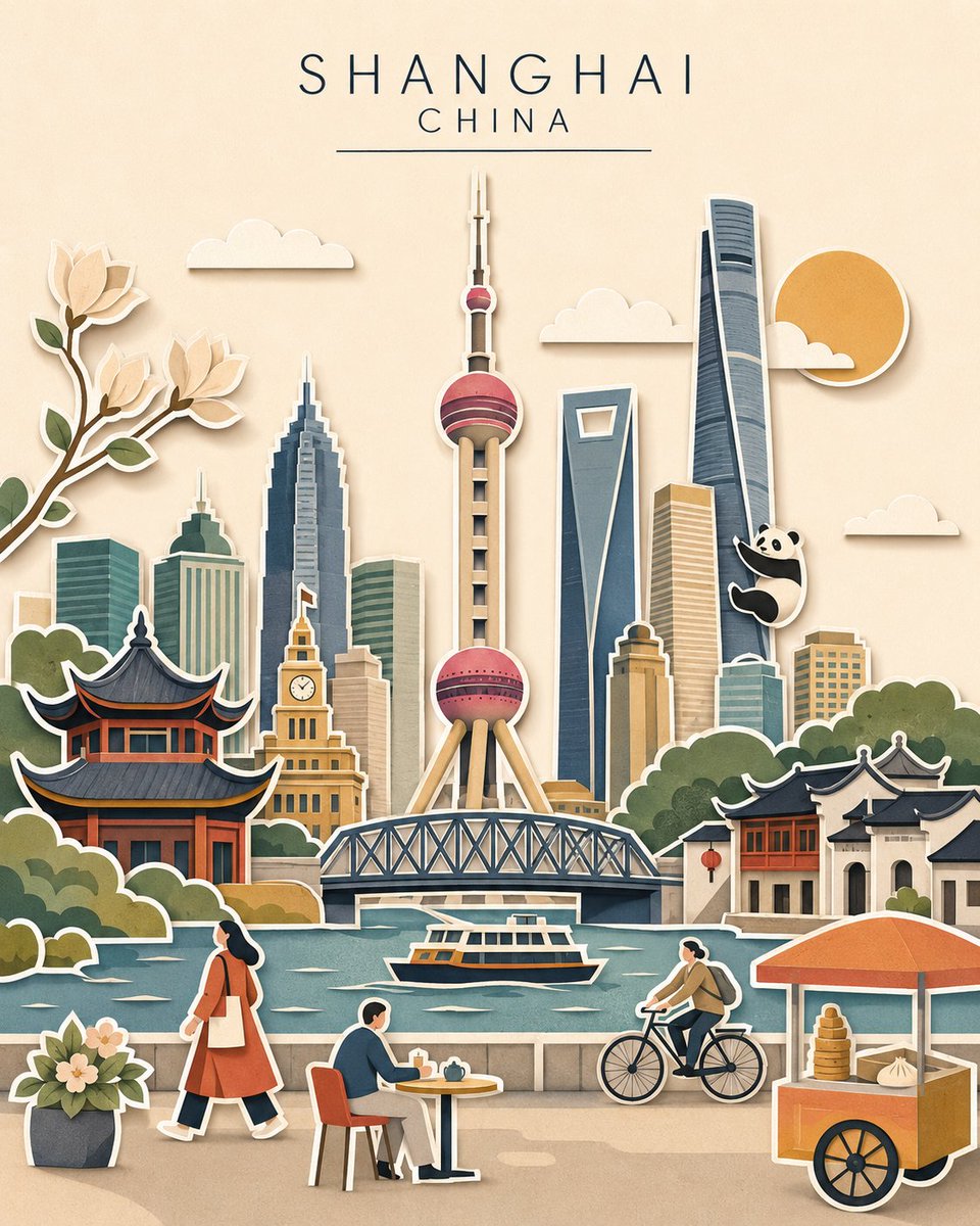 画面比例：4:5 — 竖版人像构图 为 [CITY]（城市）、[COUNTRY]（国家）创作一张高端竖版 4:5 分层剪纸拼贴 × VOX 风格扁平矢量插画。 使用温暖的奶油色纸…