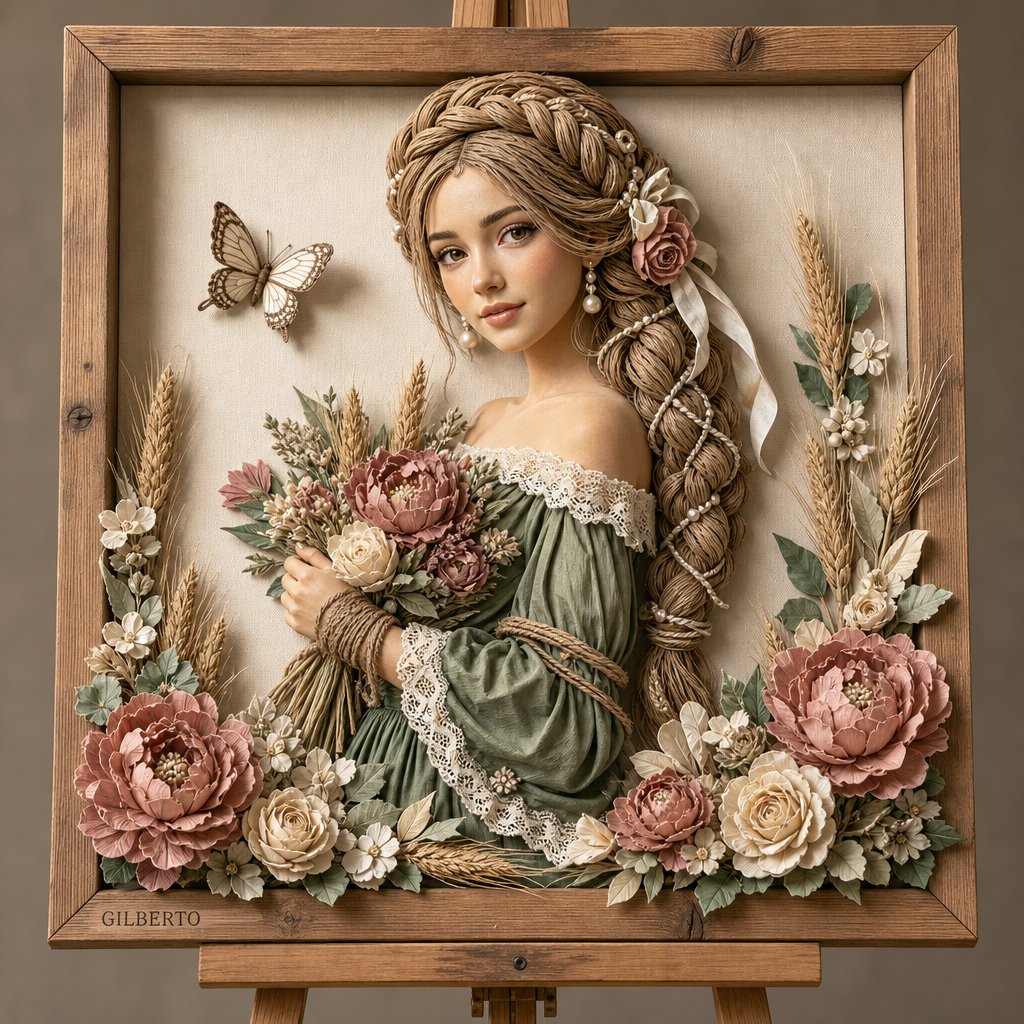一幅精细的3D混合媒介浅浮雕艺术作品，陈设于浅色木制画框内，安放在木质画架上，背景为柔和的米白色画布质感。 主体与构图：风格化女性的背影居于画面中心，身着一袭优雅的露肩复古连衣裙…