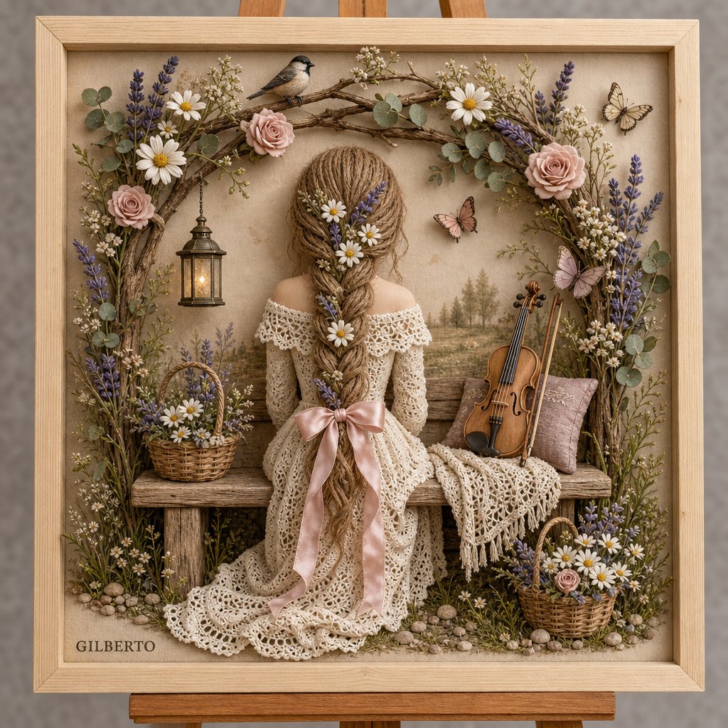 一幅精细的3D混合媒介浅浮雕艺术作品，陈设于浅色木制画框内，安放在木质画架上，背景为柔和的米白色画布质感。 主体与构图：风格化女性的背影居于画面中心，身着一袭优雅的露肩复古连衣裙…