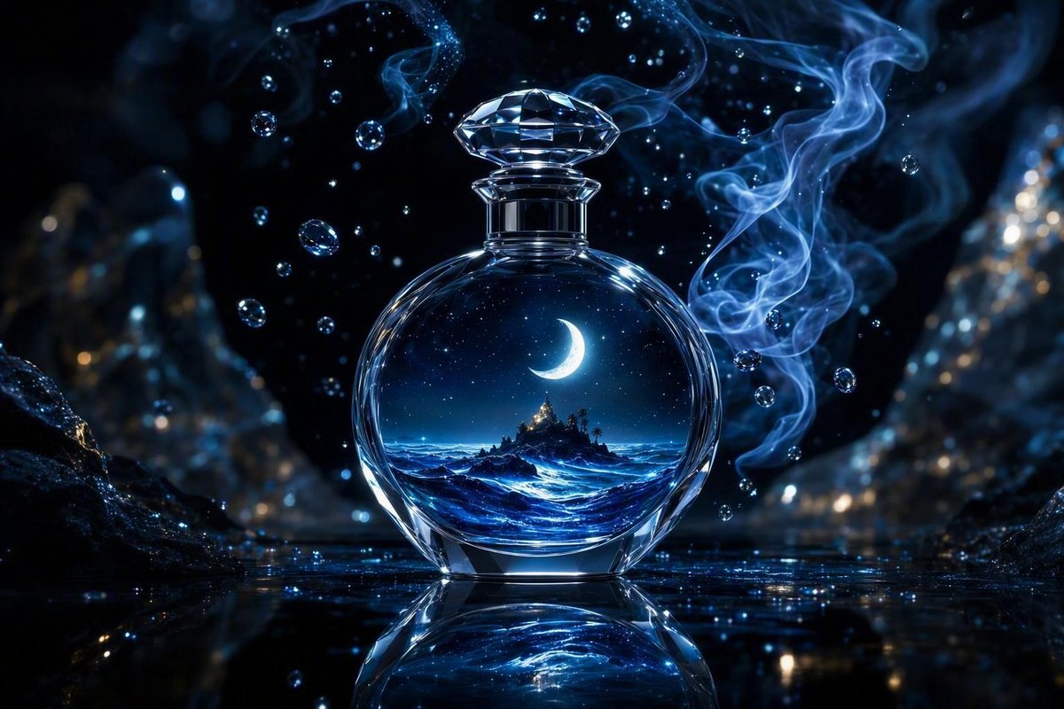 一幅极具吸引力的奢华香水广告画面,呈现出精美的雕塑感水晶香水瓶,优雅地矗立在如镜面般的黑色表面上,周围环绕着精致的发光白色兰花与深蓝色绣球花。在完全透明的瓶身内部,存在着一个迷人…