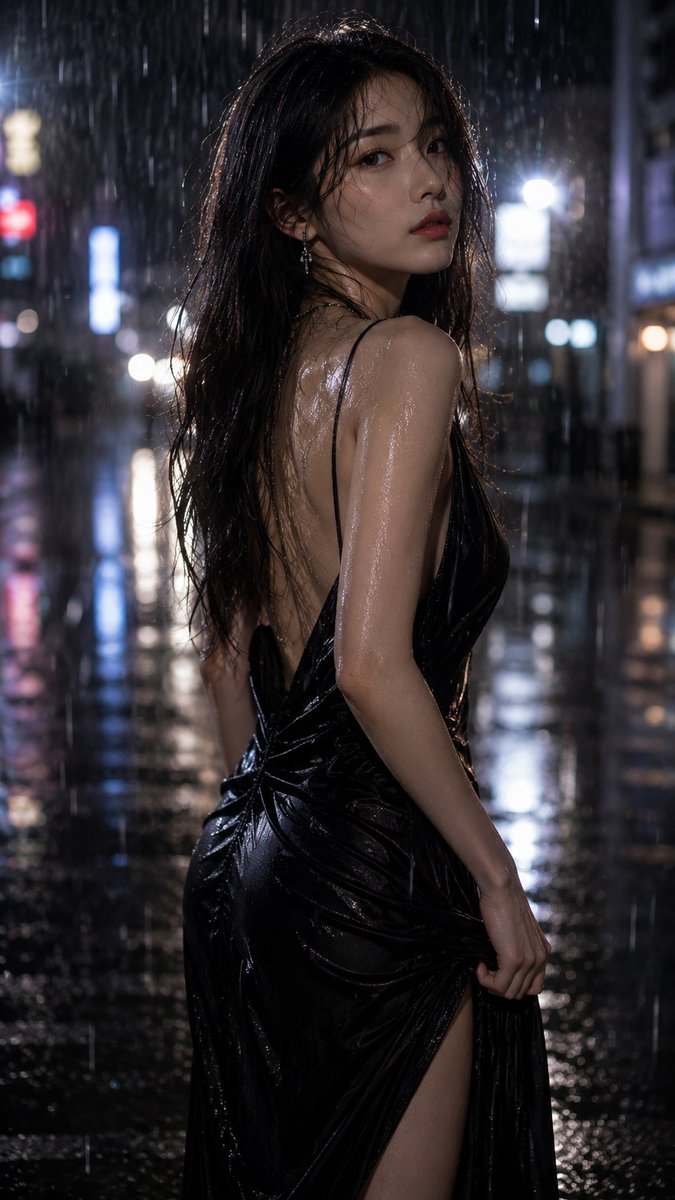 一位惊艳的成年女性优雅地伫立在雨后湿漉的首尔夜晚街头，身着一袭优雅的黑色缎面及地长裙，设计精致高级。细雨轻柔地落在她的发丝与肩头，裙面和肌肤上可见细密的水珠…