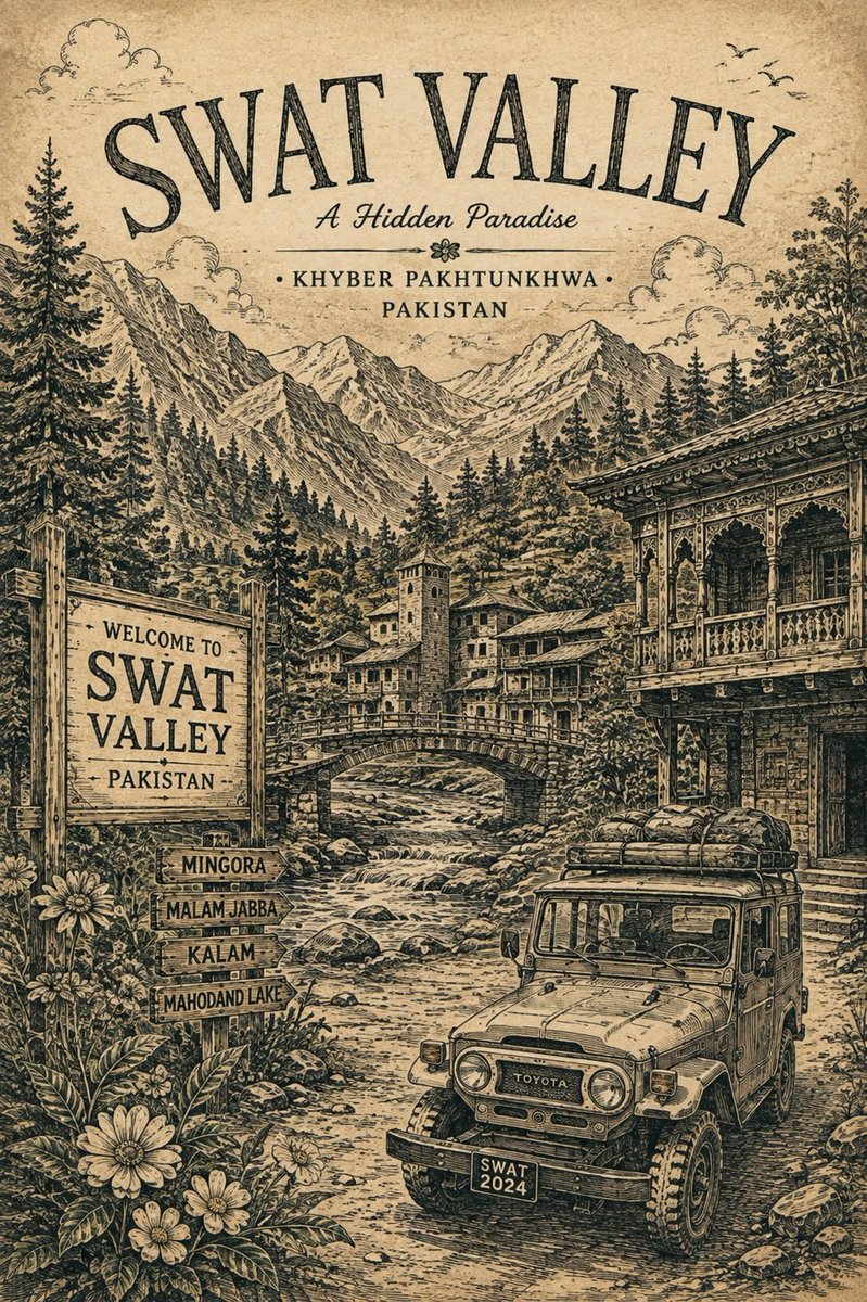 GPT 图像 2 提示（ChatGPT） 提示 👇 高端精致的复古旅行海报艺术作品，灵感来自全部四张上传参考图——巴基斯坦斯瓦特河谷 + 法国巴黎 + 意大利科莫湖 + 热带豪华…