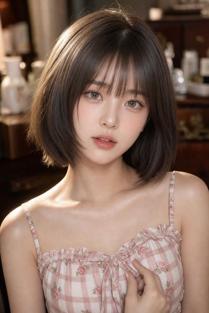 创作一幅高度逼真、年轻化的东亚美女肖像，描绘一位成年女性，采用中近景构图，从头顶到上胸部。保持清新年轻的外观、自然的面部比例，以及精致考究的韩式/抖音美妆美学。 发型与面容： 齐…