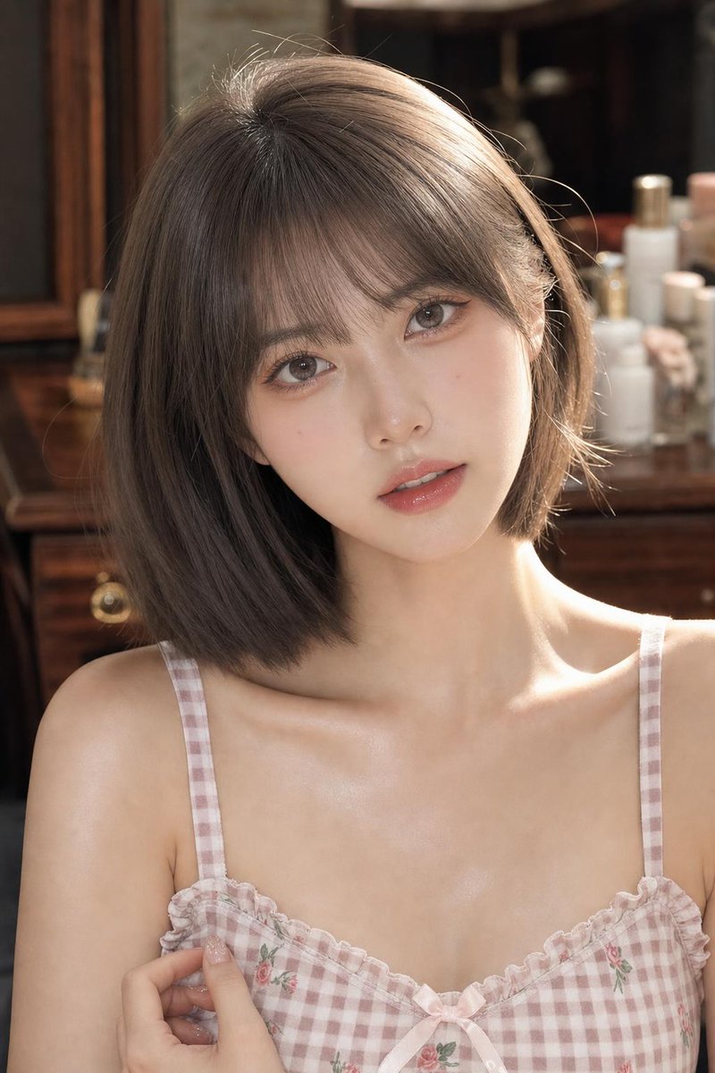 创作一幅高度逼真、年轻化的东亚美女肖像，描绘一位成年女性，采用中近景构图，从头顶到上胸部。保持清新年轻的外观、自然的面部比例，以及精致考究的韩式/抖音美妆美学。 发型与面容： 齐…