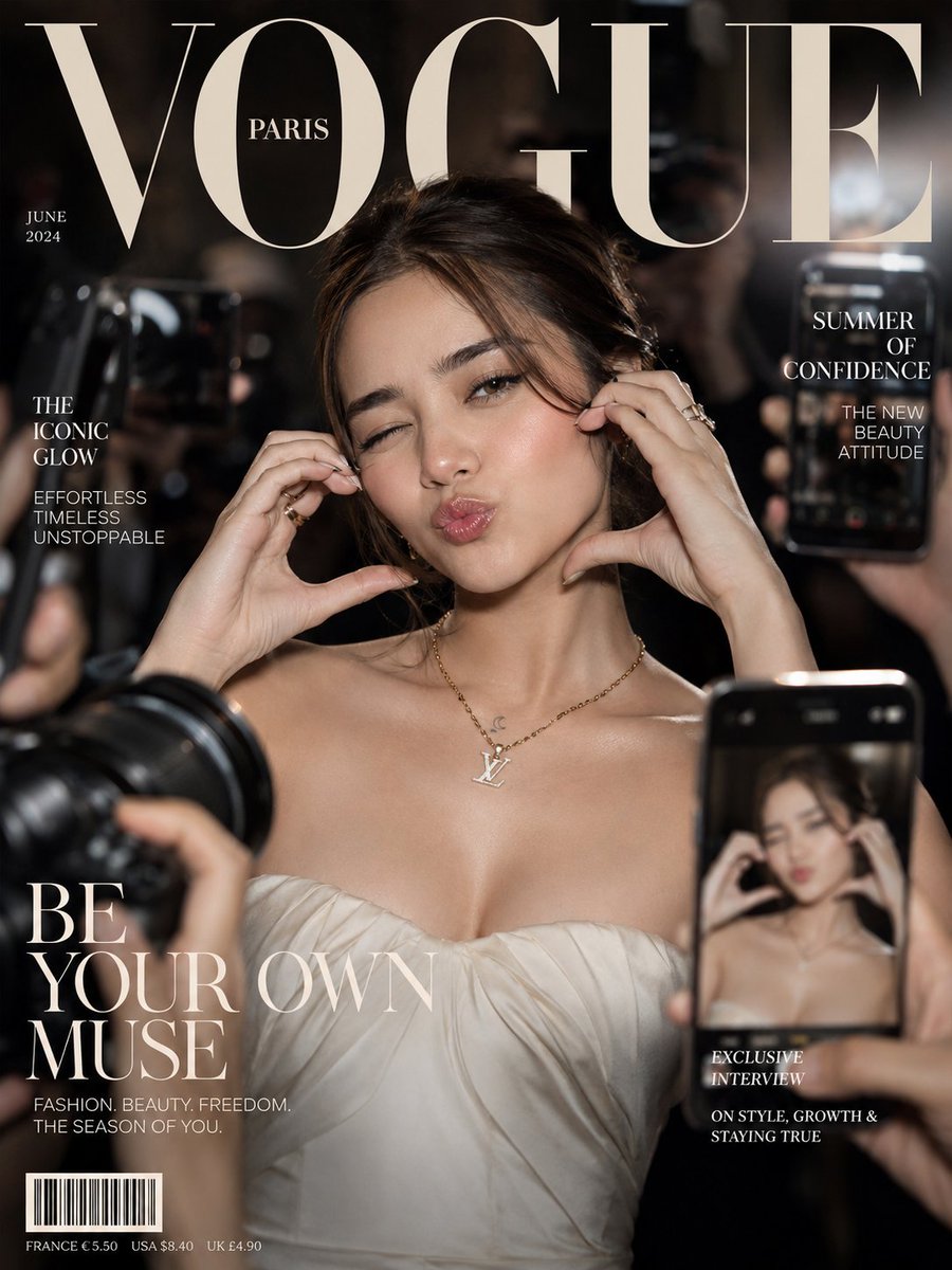 高端时尚编辑大片照片：一位年轻女性，深棕色挑染盘发，一眼眨眼，双唇微噘做出俏皮的飞吻手势，一只手在脸颊旁做出精致的“手指比心”动作，身穿露肩垂坠象牙白真丝礼服，佩戴多层细金项链与…