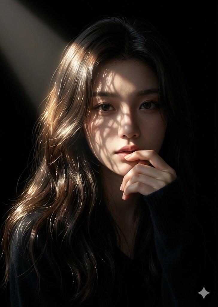 一张特写摄影肖像：一位年轻的东亚女性，留着长长的波浪状深棕色头发，被柔和的轮廓光照亮。阳光透过树叶洒下，在她脸部和额头上投射出精致细腻的树叶阴影。她神情若有所…