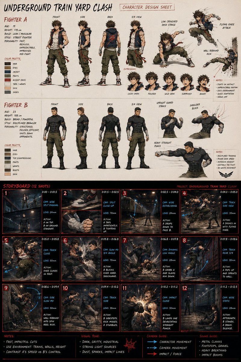 GPT image 2 提示词 —— 为一部名为《Underground Train Yard Clash》(地下列车场冲突) 的原创高燃动作短片，制作一张单…