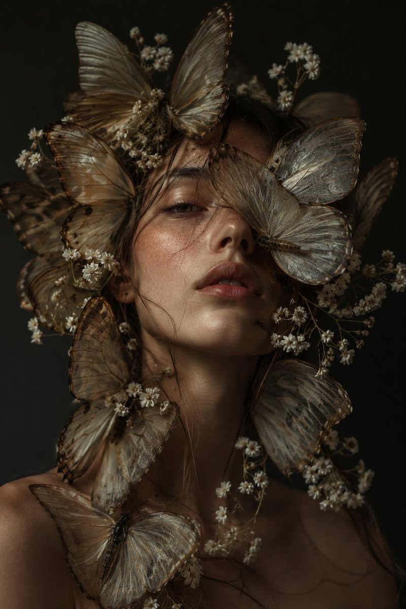 一幅超现实先锋美妆肖像，画中是一位美得不可思议的女性，拥有柔软自然的肌肤和被风吹拂的松散发丝，巨大的写实蝴蝶带着半透明的翅膀，直接从她头部和肩膀周围的空间中生…