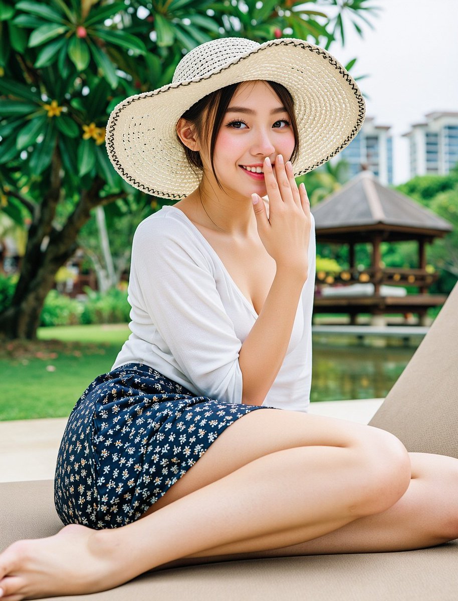 一張高畫質、帶有熱帶渡假村奢華休閒風與清涼夏日生活感質感的戶外躺椅人像照片。拍攝一位約20歲的東亞年輕女性，她擁有精緻秀氣的五官比例：白皙透亮且帶有自然健康光澤的肌膚、清澈帶笑的…