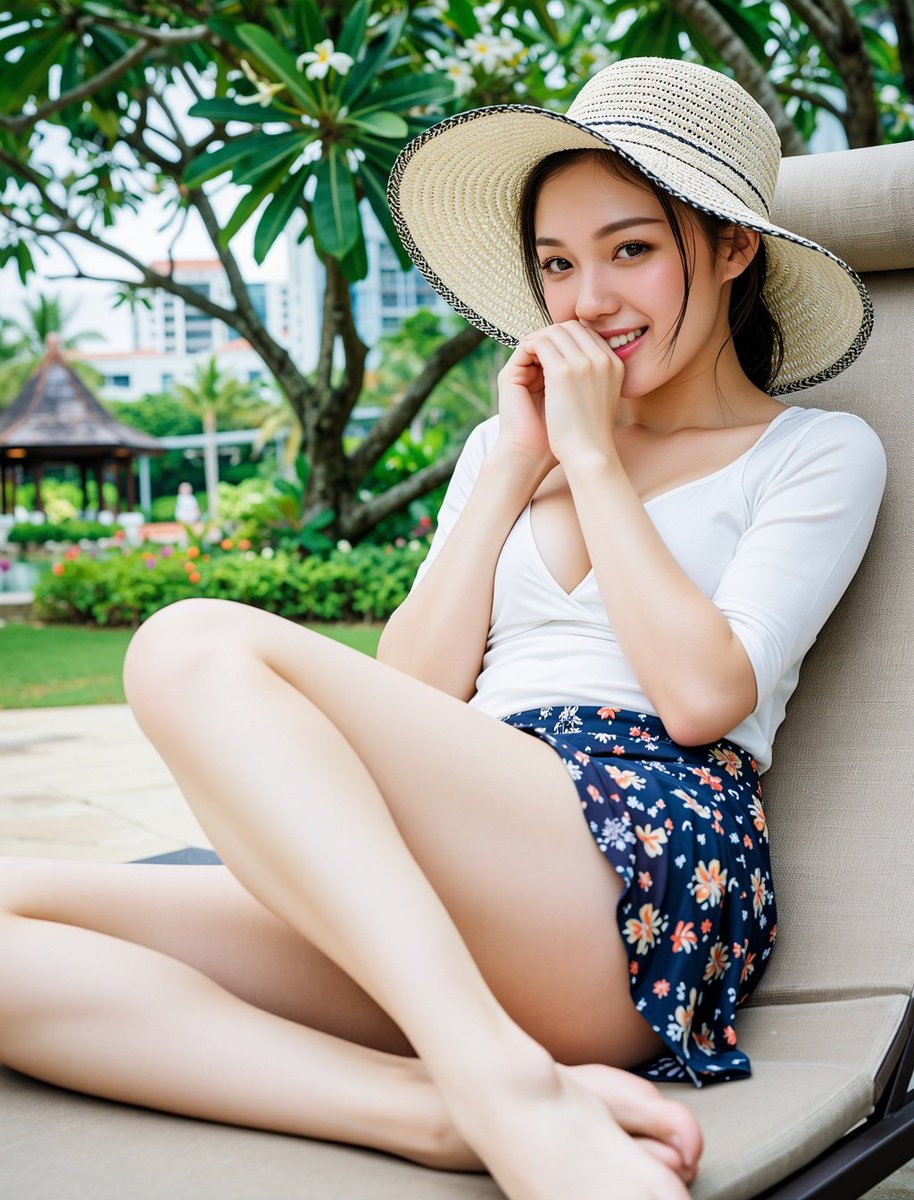 一張高畫質、帶有熱帶渡假村奢華休閒風與清涼夏日生活感質感的戶外躺椅人像照片。拍攝一位約20歲的東亞年輕女性，她擁有精緻秀氣的五官比例：白皙透亮且帶有自然健康光澤的肌膚、清澈帶笑的…