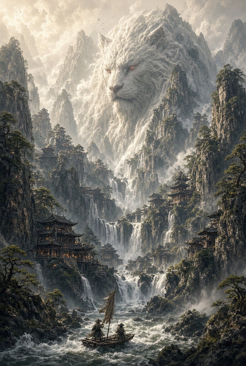 史诗级竖版中国神话山水画卷 —— 一座隐藏在宏伟喀斯特峭壁之中的广袤山间圣境，古老的中国奇幻建筑与古典山水画相交融，超精细电影级概念艺术。 高耸嶙峋的石灰岩山峰直插云霄云雾之中…