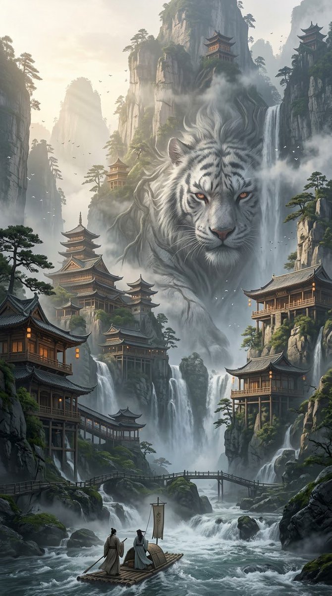 史诗级竖版中国神话山水画卷 —— 一座隐藏在宏伟喀斯特峭壁之中的广袤山间圣境，古老的中国奇幻建筑与古典山水画相交融，超精细电影级概念艺术。 高耸嶙峋的石灰岩山峰直插云霄云雾之中…
