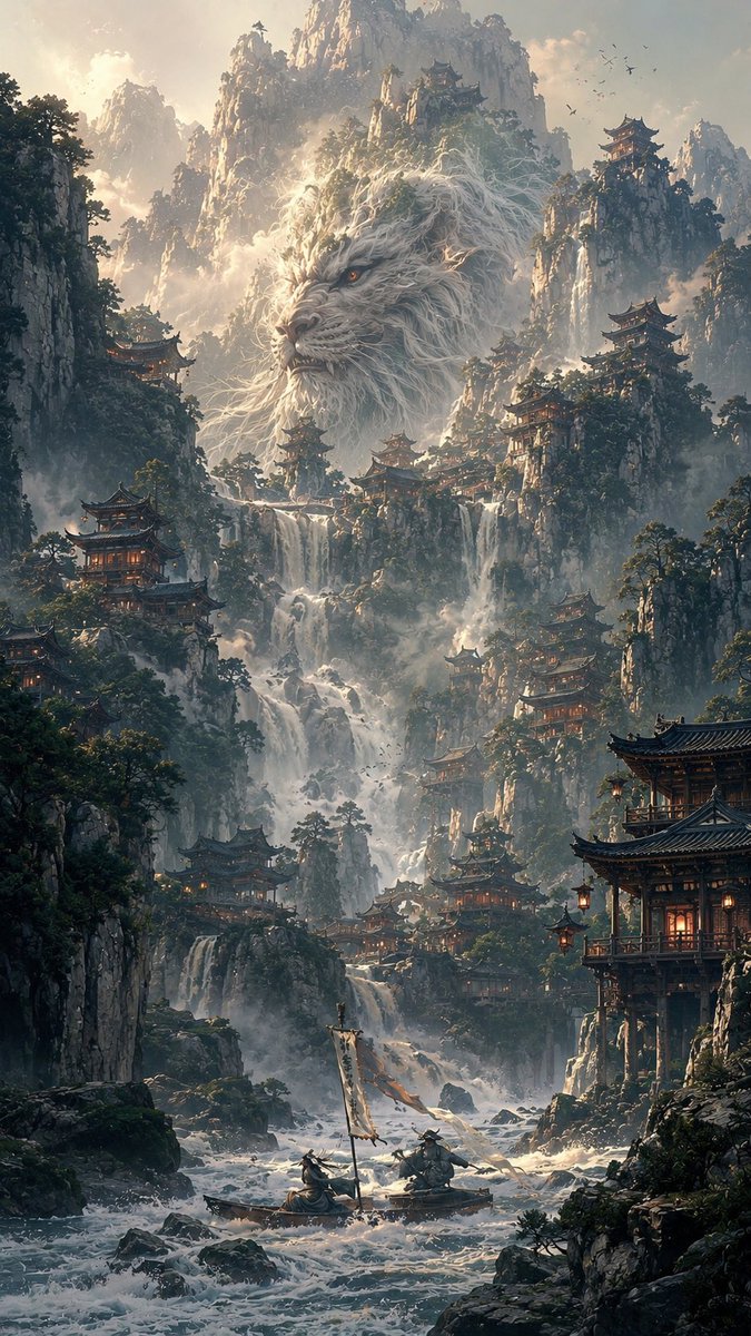史诗级竖版中国神话山水画卷 —— 一座隐藏在宏伟喀斯特峭壁之中的广袤山间圣境，古老的中国奇幻建筑与古典山水画相交融，超精细电影级概念艺术。 高耸嶙峋的石灰岩山峰直插云霄云雾之中…