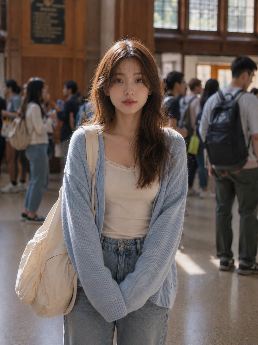 一张照片写实风格的竖版抓拍人像照，画面中一位年轻女子站在繁忙的大学或学术建筑内。她有一头长长且柔和波浪卷的浅棕色头发，中分，自然地有几缕发丝修饰脸型。她身穿一件浅蓝色超大号针织开…