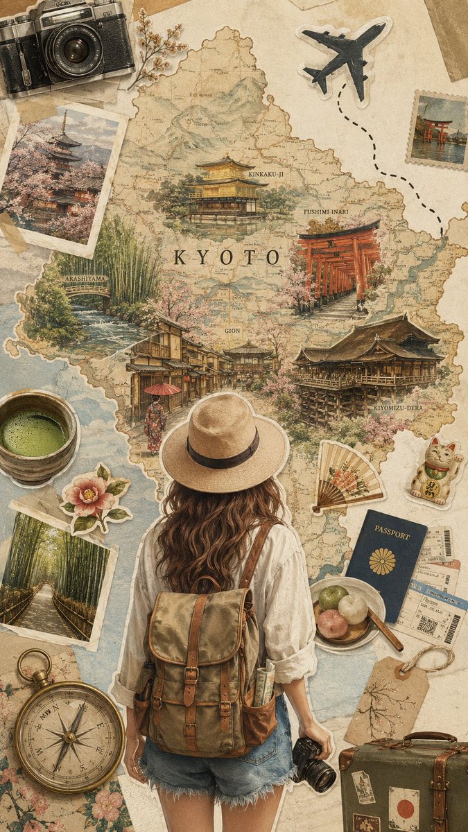 创作一幅精致的复古旅行拼贴海报，灵感来自[COUNTRY NAME]，采用竖版 9:16 构图。 以一幅纹理精美的大型复古[COUNTRY NAME]地图作为主背景，纸张为做旧的…