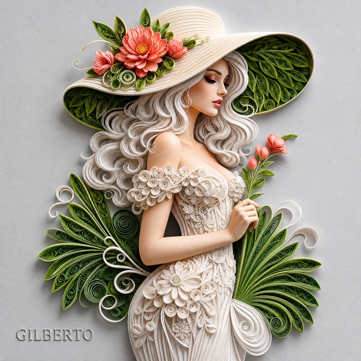 一幅精致的3D纸艺卷纸浮雕作品，描绘一位优雅的女性，身着由繁复白色纸花制成的时髦一字肩紧身胸衣连衣裙。她头戴一顶宽檐卷曲象牙色纸帽，帽上点缀着小巧鲜艳的绿叶与…