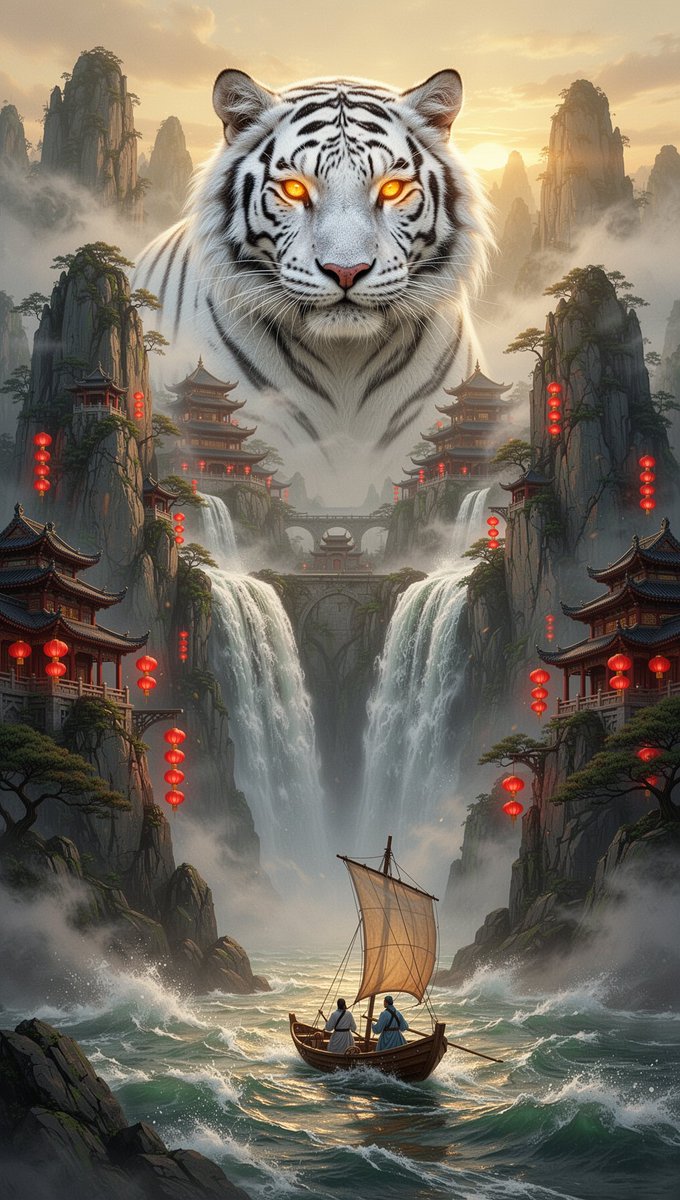史诗级竖版中国神话山水：一只巨大的白虎精魂琥珀色双瞳闪烁，从云雾飞瀑中现身，盘踞于隐秘山巅圣殿之上，峥嵘喀斯特悬崖间嵌入古朴宝塔建筑，沿崖寺宇红灯笼莹莹发光…