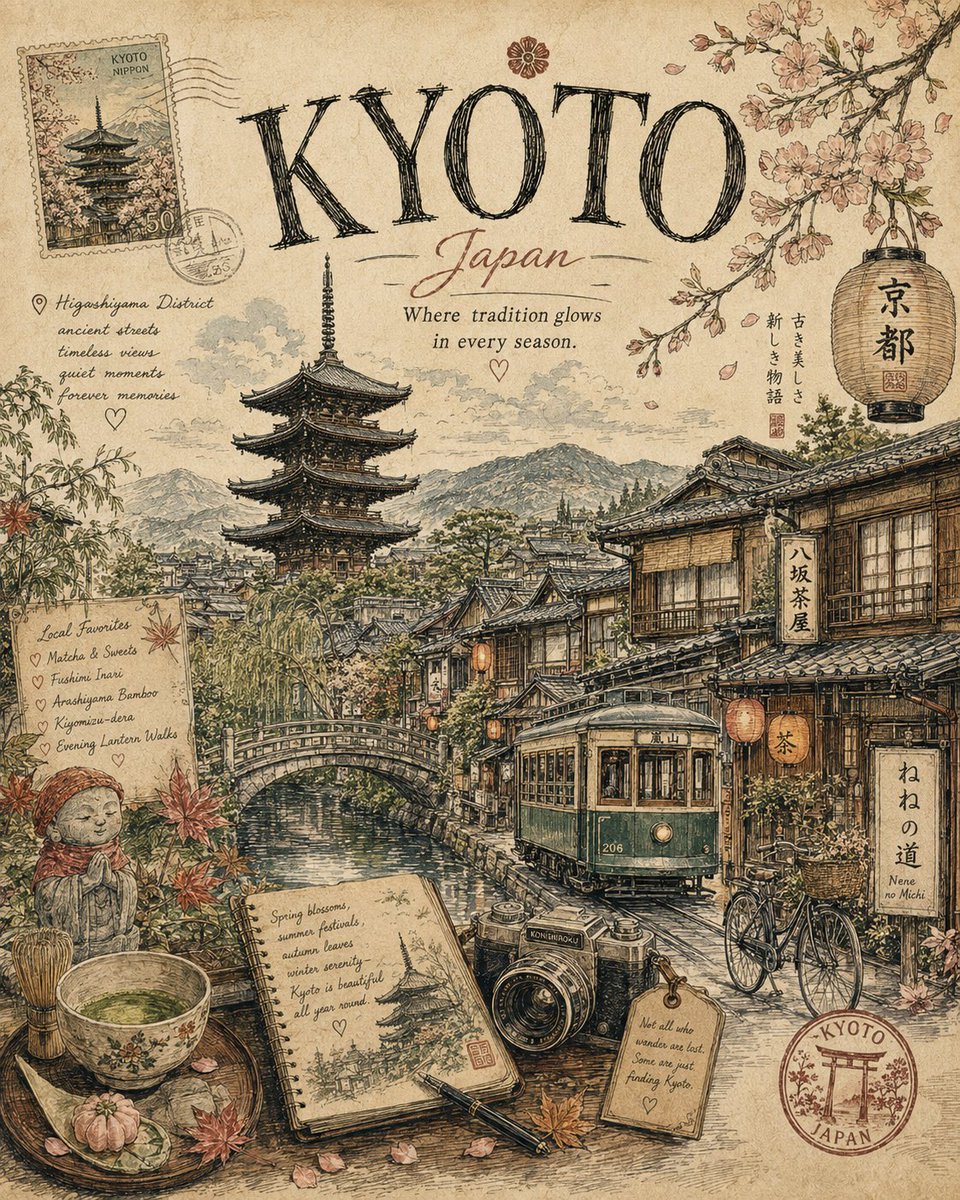 京都 — 传统在每个季节闪耀的城市 有些城市让你惊叹,京都却让你久久难忘。🇯🇵🌸 灯笼映照的街道、静谧的寺庙、抹茶、群山,以及每个角落中沉淀的百年故事。 ✨ 使用 GPT Ima…