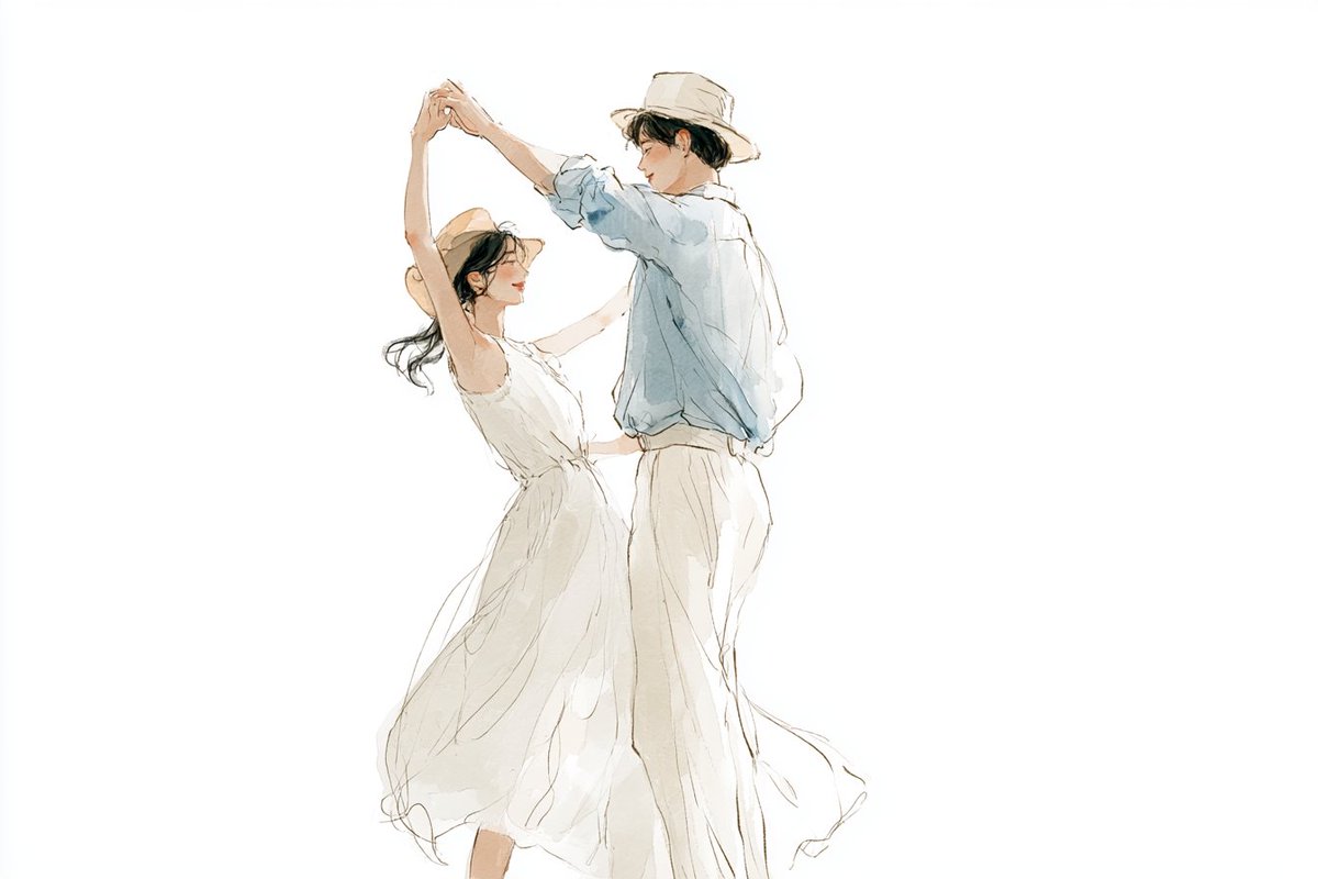 水彩线条艺术插画，描绘[subjects]正在共享一个[romantic action]，韩国插画美学风格，轻薄的夏季服饰，松散细腻的线条，朦胧流畅的笔触，柔…