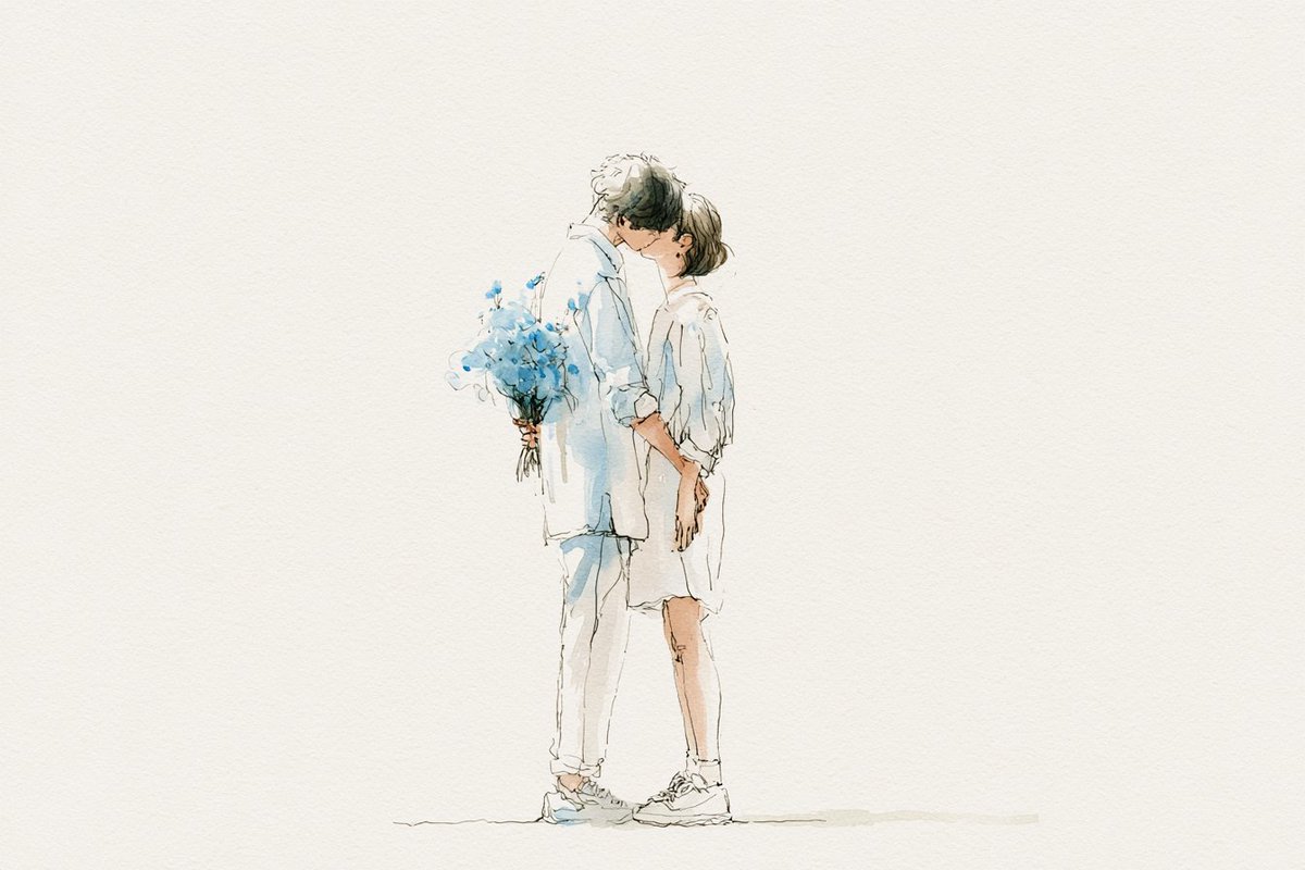 水彩线条艺术插画，描绘[subjects]正在共享一个[romantic action]，韩国插画美学风格，轻薄的夏季服饰，松散细腻的线条，朦胧流畅的笔触，柔和的粉彩色调，细腻的…
