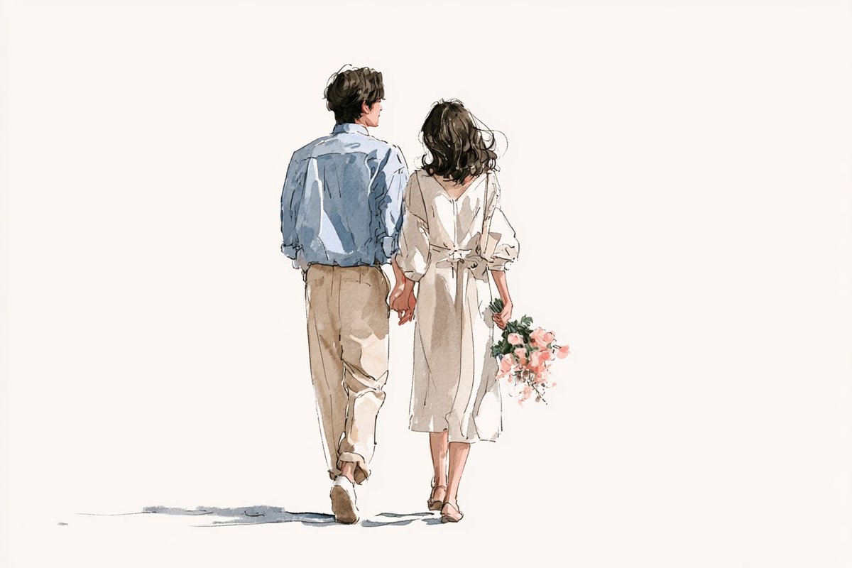 水彩线条艺术插画，描绘[subjects]正在共享一个[romantic action]，韩国插画美学风格，轻薄的夏季服饰，松散细腻的线条，朦胧流畅的笔触，柔和的粉彩色调，细腻的…