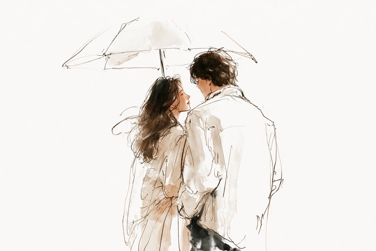 水彩线条艺术插画，描绘[subjects]正在共享一个[romantic action]，韩国插画美学风格，轻薄的夏季服饰，松散细腻的线条，朦胧流畅的笔触，柔和的粉彩色调，细腻的…