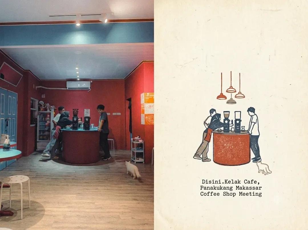 根据参考图片,创作一组统一的编辑式旅行日志双联画:左侧是一张纪实风格的抓拍照片,展现夜间望加锡(Makassar)一家小型独立咖啡店,画面中有一个紧凑的咖啡推车或摩托车咖啡摊位…