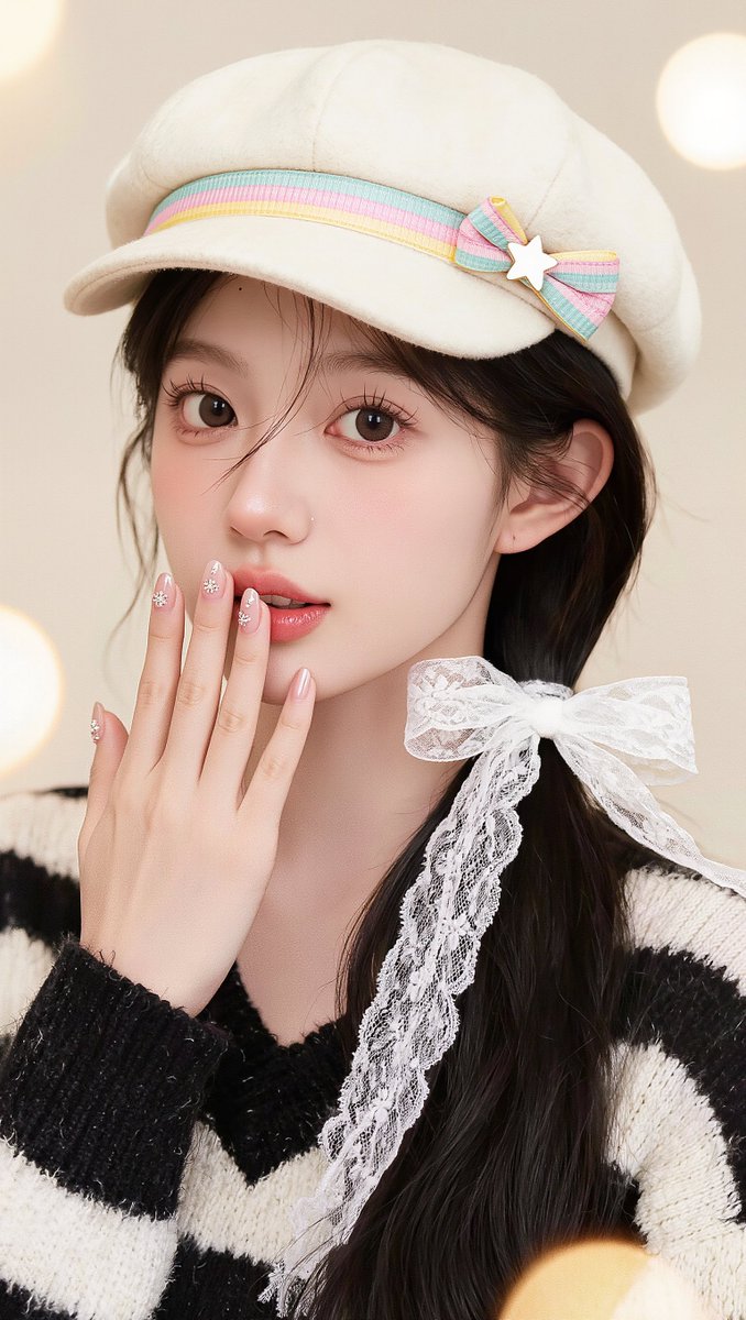 [Kling 01 提示词] ar 9:16 2K 一位年轻东亚女性的柔和梦幻特写肖像，皮肤白皙如瓷，五官柔和，神情宁静、略带嘟嘴，直视镜头。她有一双深棕色大眼睛，妆容自然柔和…