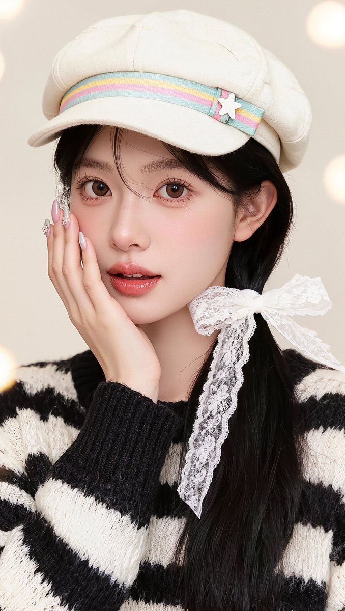 [Kling 01 提示词] ar 9:16 2K 一位年轻东亚女性的柔和梦幻特写肖像，皮肤白皙如瓷，五官柔和，神情宁静、略带嘟嘴，直视镜头。她有一双深棕色大眼睛，妆容自然柔和…