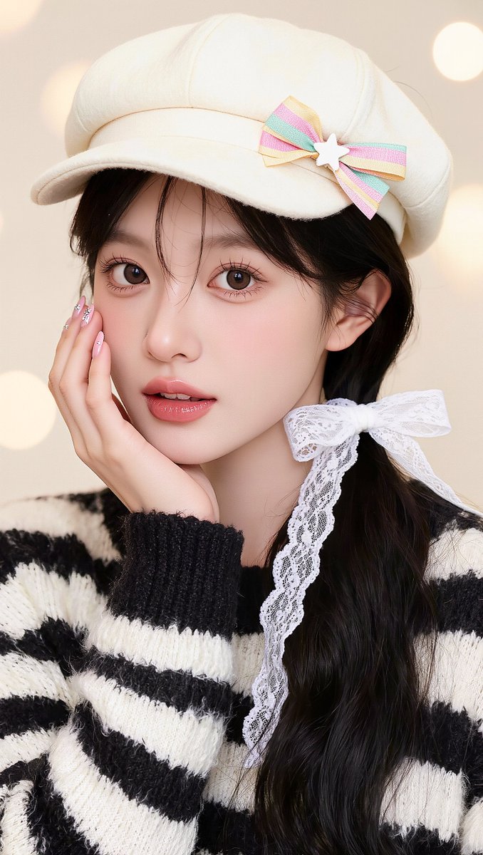 [Kling 01 提示词] ar 9:16 2K 一位年轻东亚女性的柔和梦幻特写肖像，皮肤白皙如瓷，五官柔和，神情宁静、略带嘟嘴，直视镜头。她有一双深棕色大眼睛，妆容自然柔和…