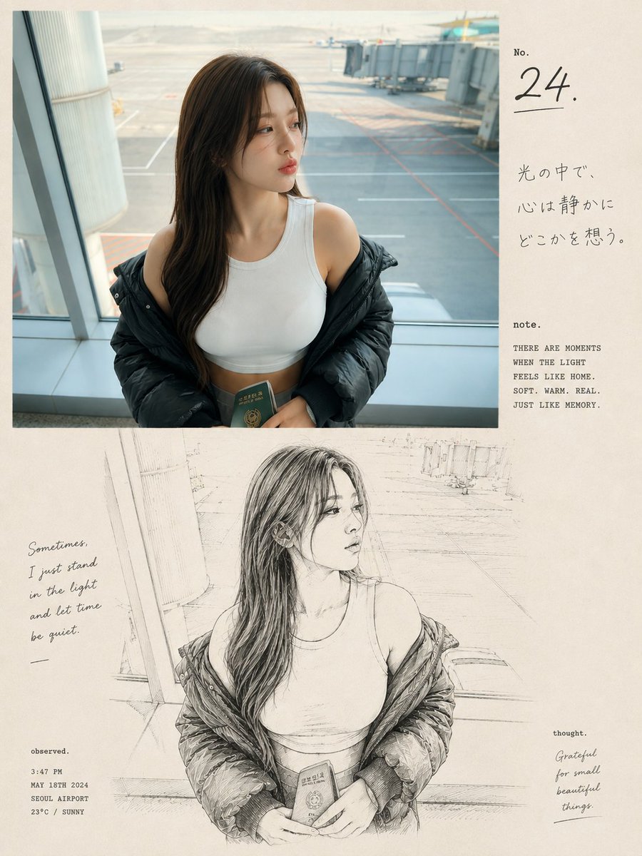 一本高端怀旧风格的编辑级摄影与素描艺术画册内页，主体为一位身处机场航站楼的东亚年轻女性，采用整洁的竖版 3:4 构图。上半部分为超写实的抓拍摄影：女子站立于巨大的机场落地窗旁，身…