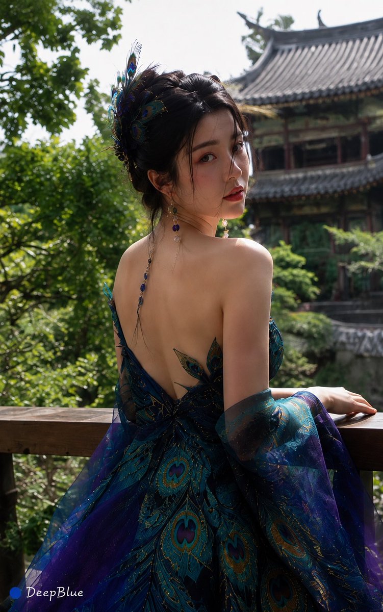 成年女性，身穿以孔雀为灵感的现代高级时装；孔雀绿、深蓝、蓝紫渐变，少量金色点缀，服装融入羽冠结构、尾羽曲线与孔雀眼状纹理，不出现完整孔雀图案，优雅、神秘、华丽。 真实手机抓拍风格…