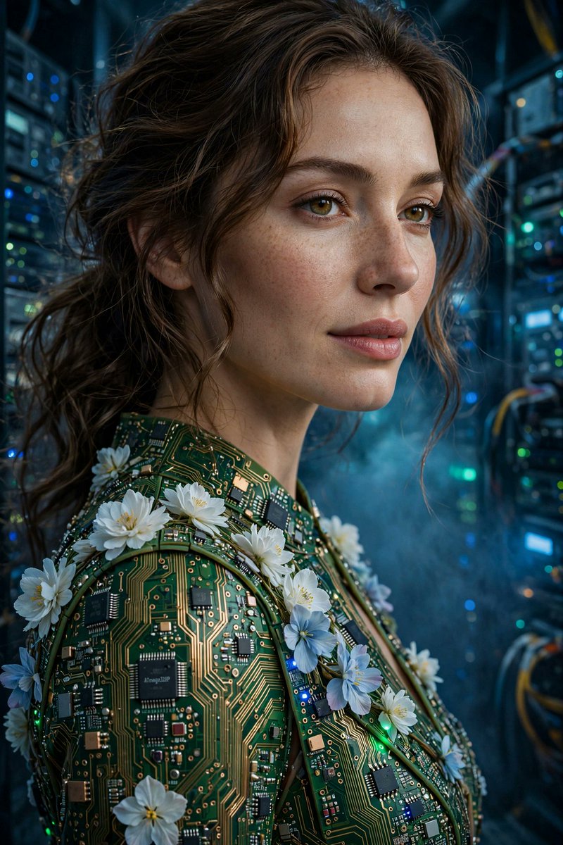 超写实特写时尚图片：一位美丽的女性身着一袭由绿色电路板面板制成的连衣裙，面板上布满精致的金色走线、微小的焊点和微芯片，沿着接缝处绽放着真实的白色与蓝色丝质花朵。背景：夜晚的数据中…