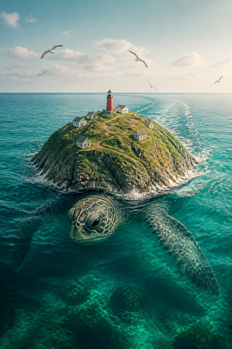 超写实风格的巨海龟在平静的青绿色海洋中游泳的画面，它的龟壳是一座覆盖着青草的绿色山丘，山丘上有小小的白色房屋，顶部有一座小型红色灯塔，海鸥在头顶飞翔。身后拖着…