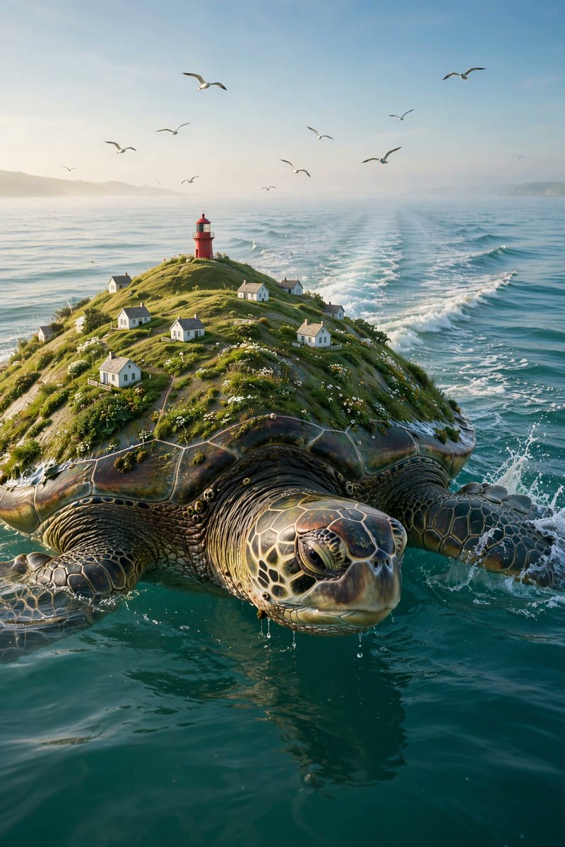 超写实风格的巨海龟在平静的青绿色海洋中游泳的画面,它的龟壳是一座覆盖着青草的绿色山丘,山丘上有小小的白色房屋,顶部有一座小型红色灯塔,海鸥在头顶飞翔。身后拖着长长的尾迹,晨光柔和…