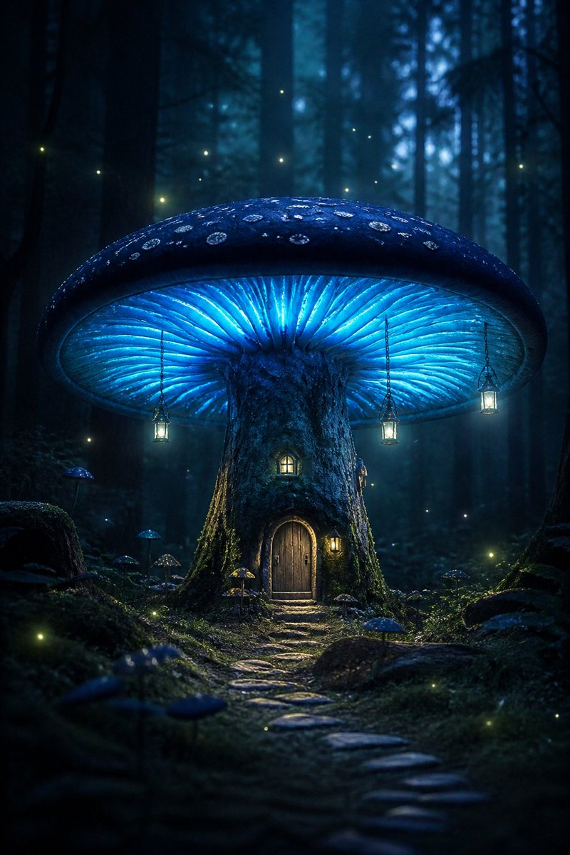 超写实风格的图像：夜晚的黑暗森林中，有一栋房子大小的巨型蘑菇，菌帽呈深蓝色，菌褶散发着生物发光的微光，菌柄上挂着小灯笼，萤火虫在周围盘旋飞舞，蘑菇底部有一扇小…