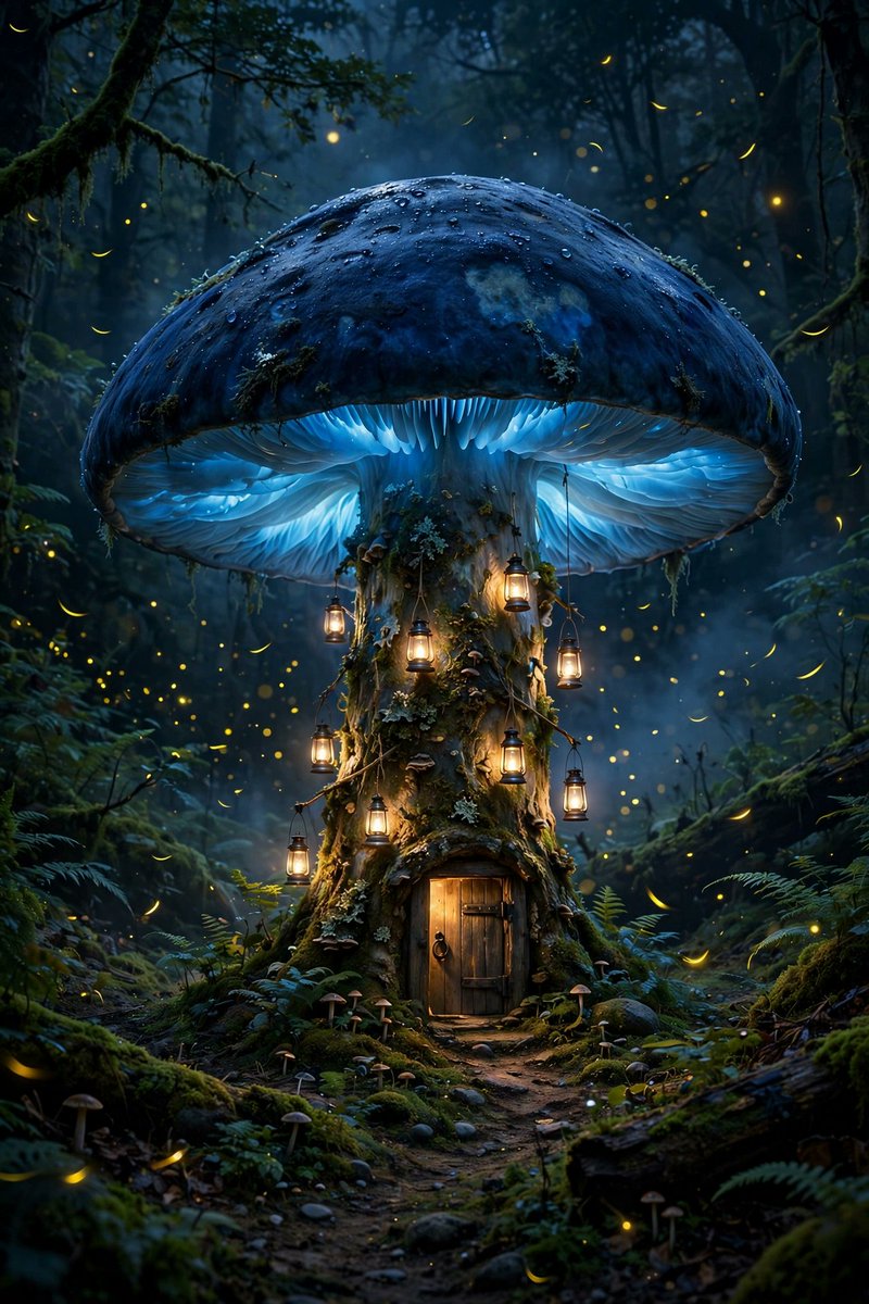 超写实风格的图像：夜晚的黑暗森林中，有一栋房子大小的巨型蘑菇，菌帽呈深蓝色，菌褶散发着生物发光的微光，菌柄上挂着小灯笼，萤火虫在周围盘旋飞舞，蘑菇底部有一扇小门，一条小径通向那扇…