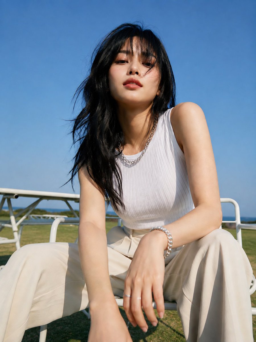 Gpt 图像 2 幻灯片 提示 👇一张电影感的时尚摄影照片：一位年轻女性，长长的凌乱黑发配齐刘海，身体前倾靠在一张白色户外椅上，置身于绿草如茵的田野中，以低角…
