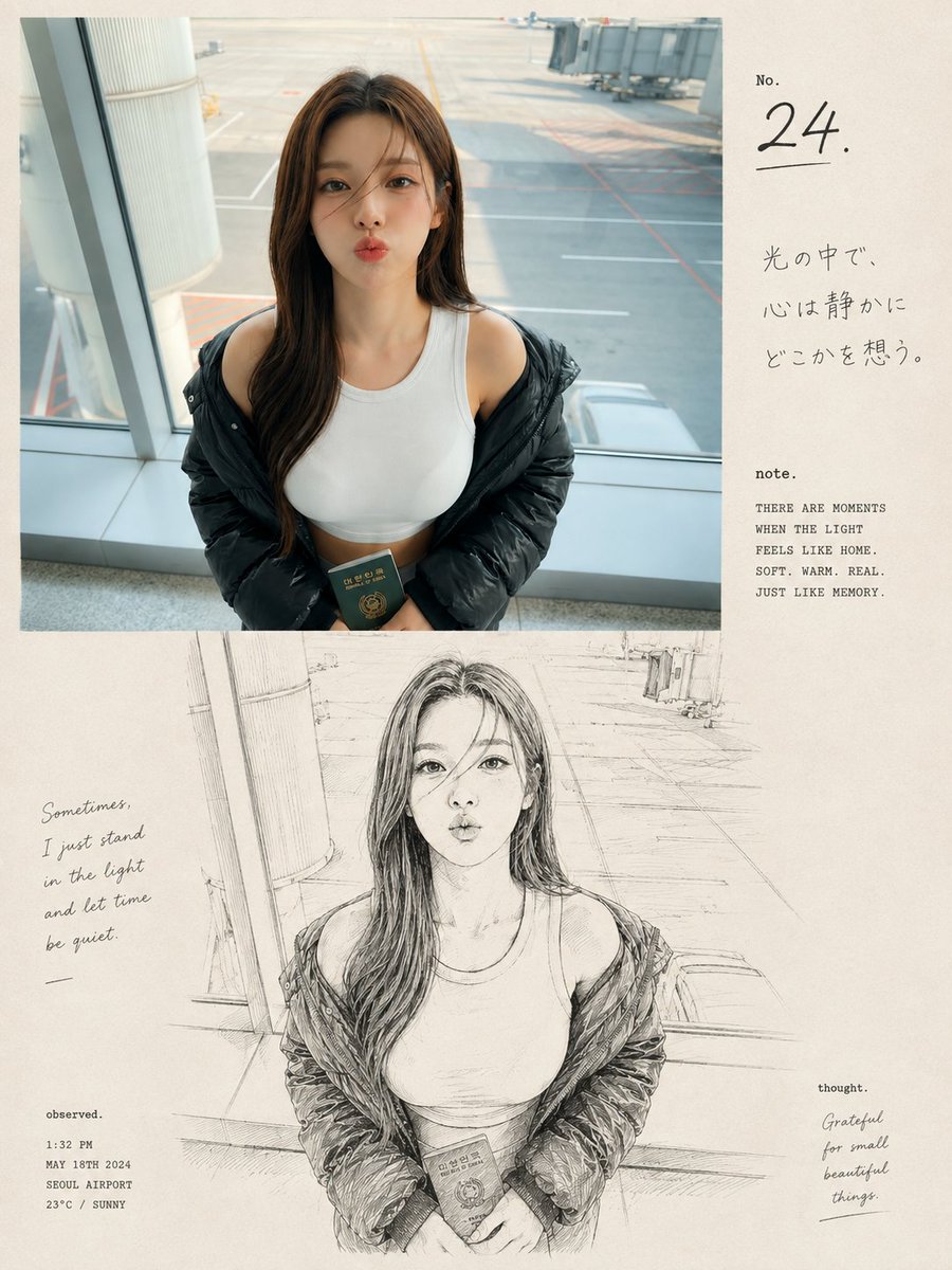 一本高端怀旧风格的编辑级照片与素描艺术画册页面，以一位身处机场航站楼的年轻东亚女性为主题，采用整洁的竖版 3:4 构图。上半部分是一幅超写实的抓拍照片，画面中她站在机场的大窗户旁…