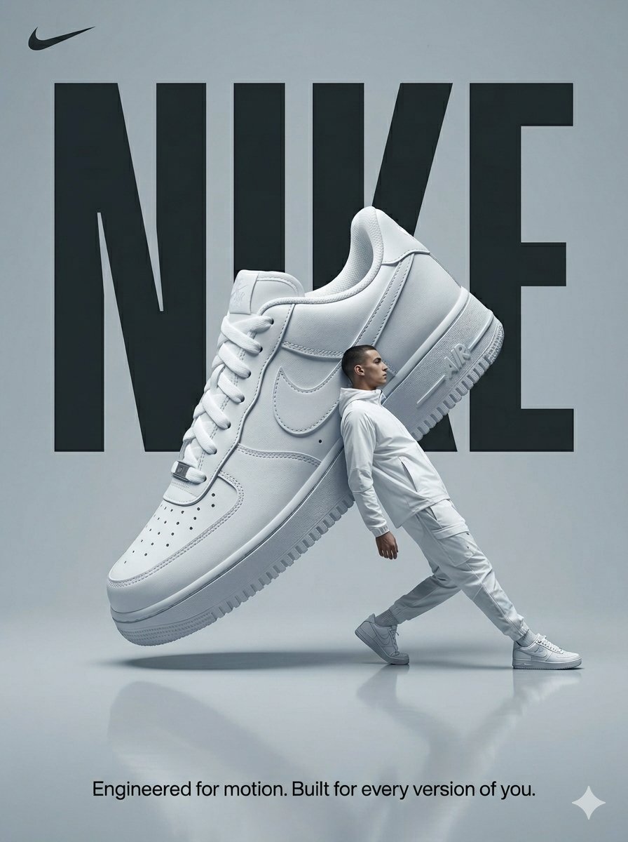 一张为耐克(Nike)设计的高级时装超现实主义广告海报。极简的单色冷灰色摄影棚,带半反射地板。一只巨大的白色耐克运动鞋斜向放置,略微悬浮于地面之上。一位身穿全白色运动科技服饰的男…