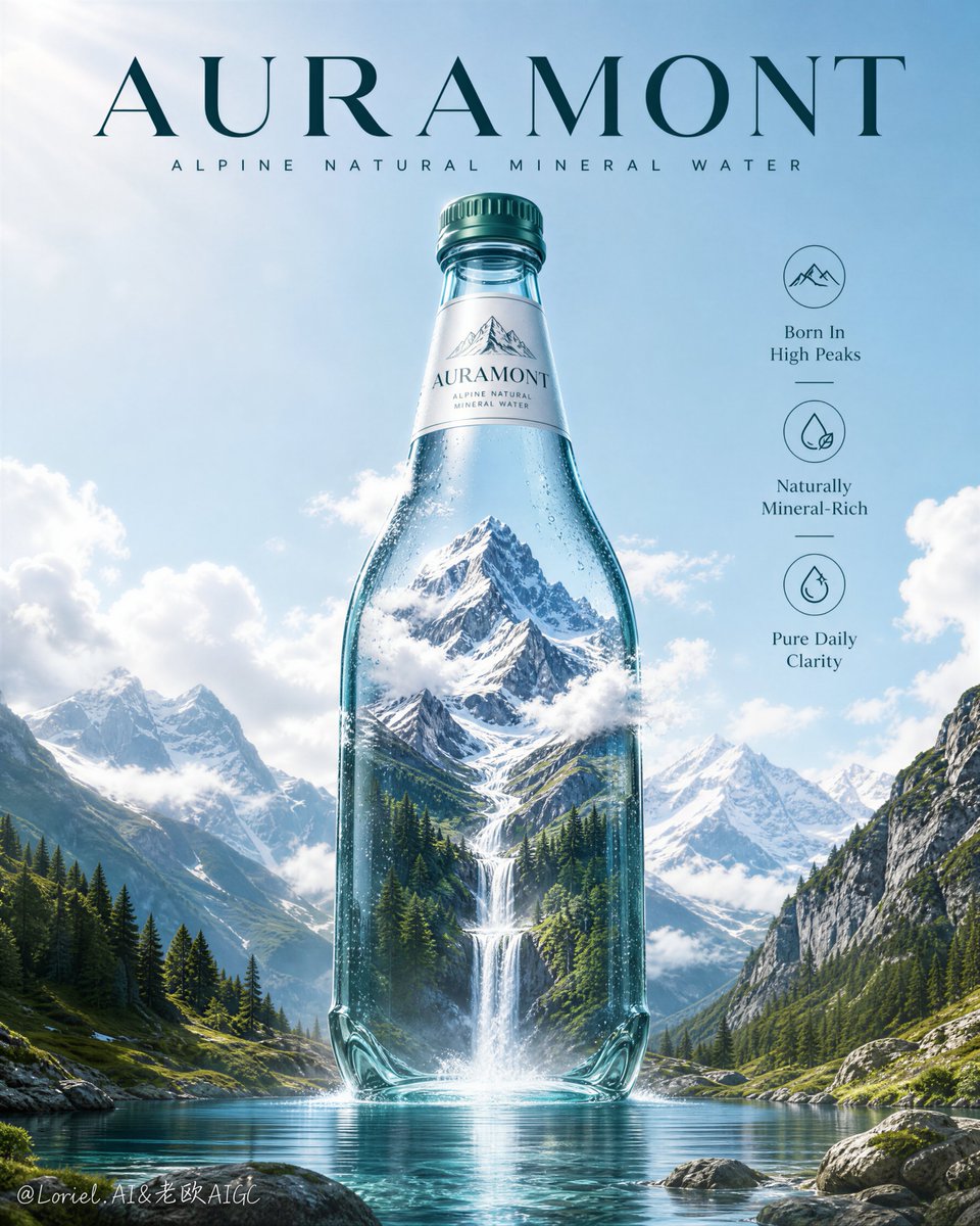 为一款名为"AURAMONT"的原创天然矿泉水品牌创作一张旗舰级广告海报。采用极致真实的高端饮品广告风格，融合超现实的高山景观叙事。严格保留以下核心结构：一张…