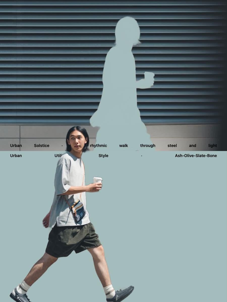 创作一张高端编辑风格时尚大片图像，灵感来自两张参考图：一位年轻东亚模特自然地穿行于现代都市建筑环境中。捕捉自然抓拍式的全身行走姿态，单腿迈出处于步态中途，姿态…